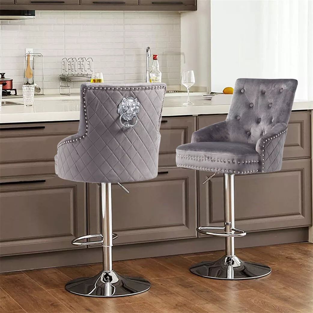 Velvet Upholstered Swivel Bar Chairs - Luxury Lion Knocker Design