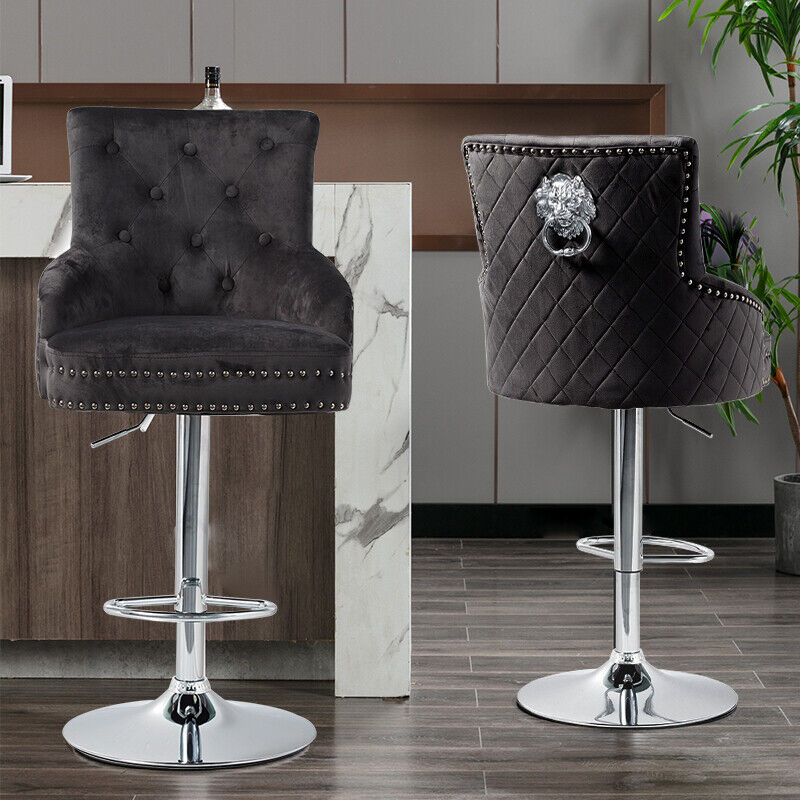 Velvet Upholstered Swivel Bar Chairs - Luxury Lion Knocker Design