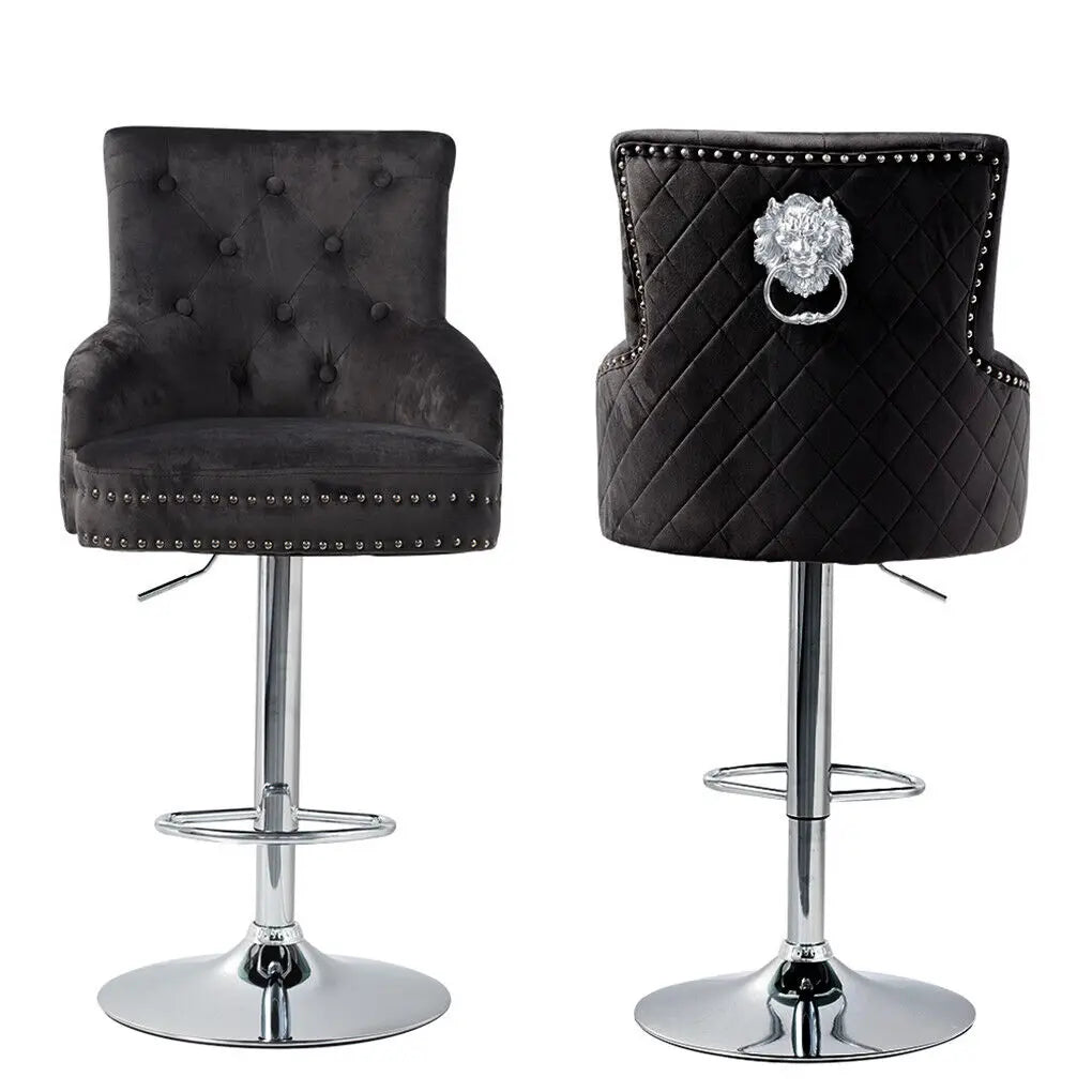Velvet Upholstered Swivel Bar Chairs - Luxury Lion Knocker Design