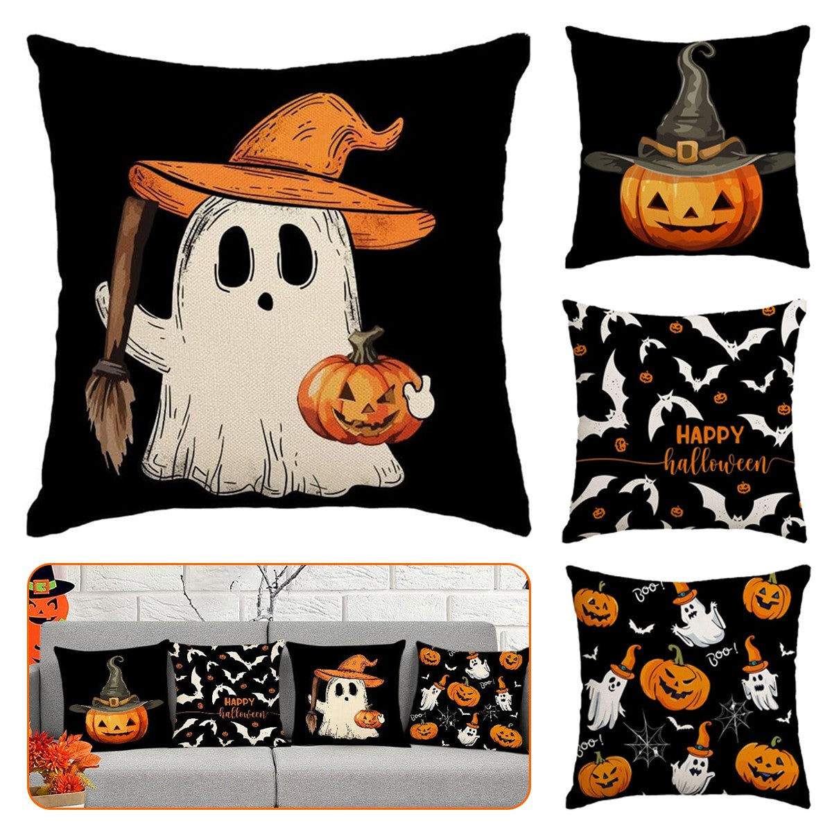 Set of 4 Halloween Pillow Covers - Pumpkin, Skull, Ghost