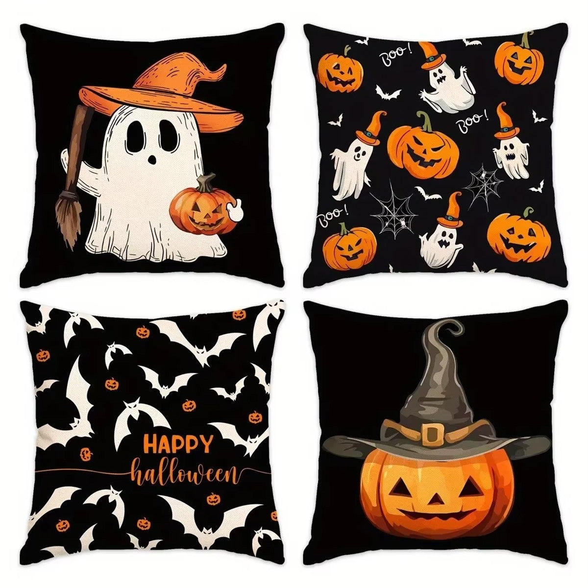 Set of 4 Halloween Pillow Covers - Pumpkin, Skull, Ghost