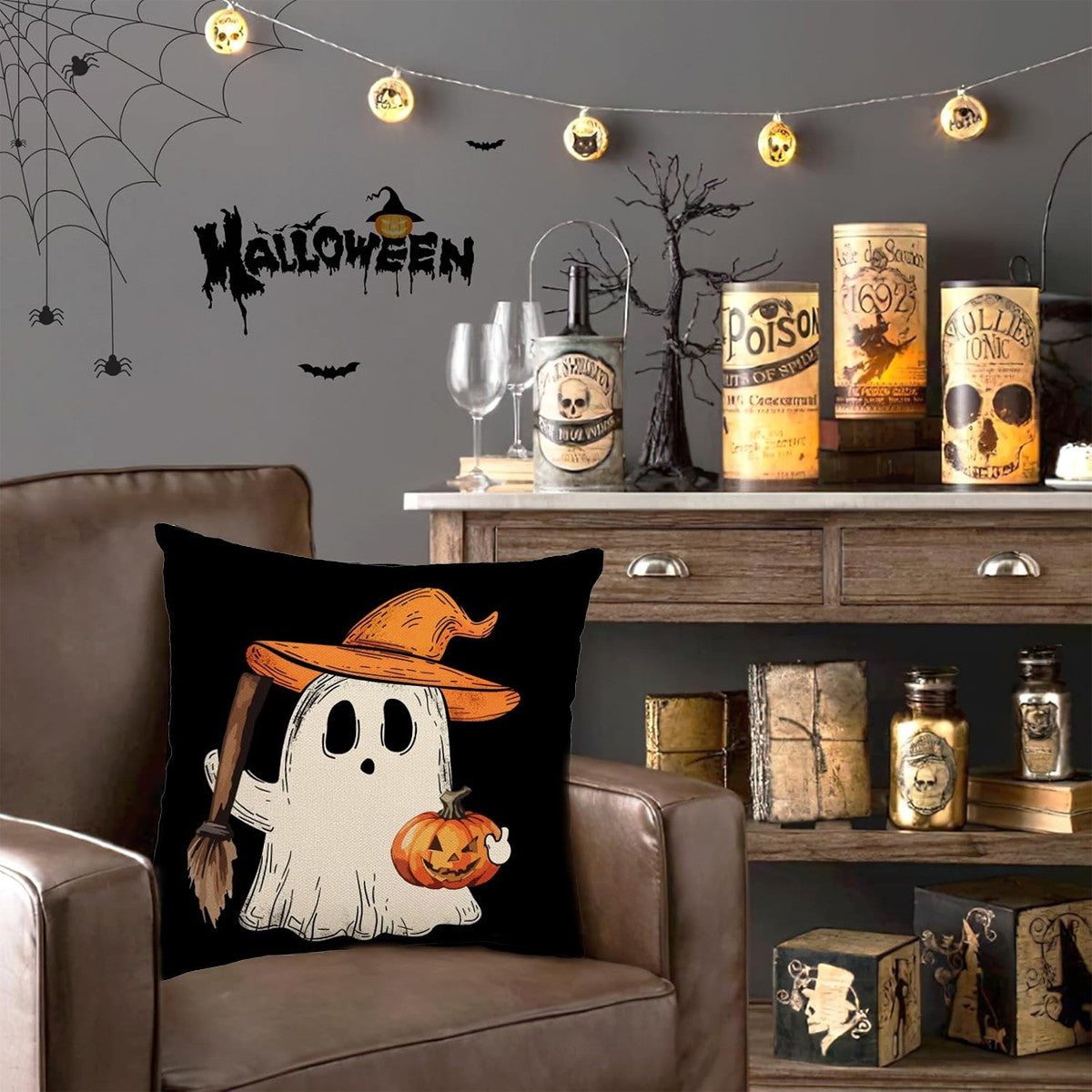 Set of 4 Halloween Pillow Covers - Pumpkin, Skull, Ghost
