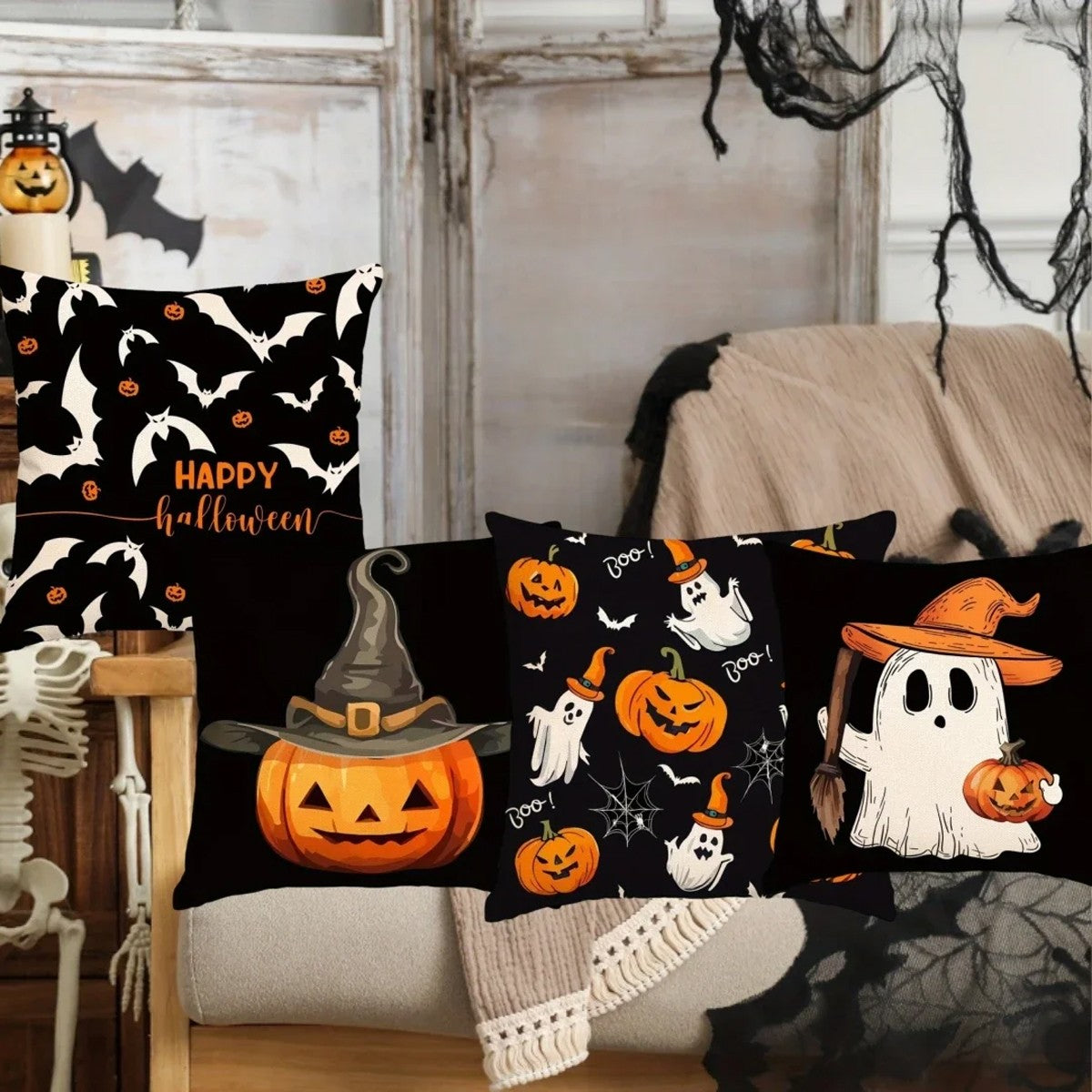 Set of 4 Halloween Pillow Covers - Pumpkin, Skull, Ghost
