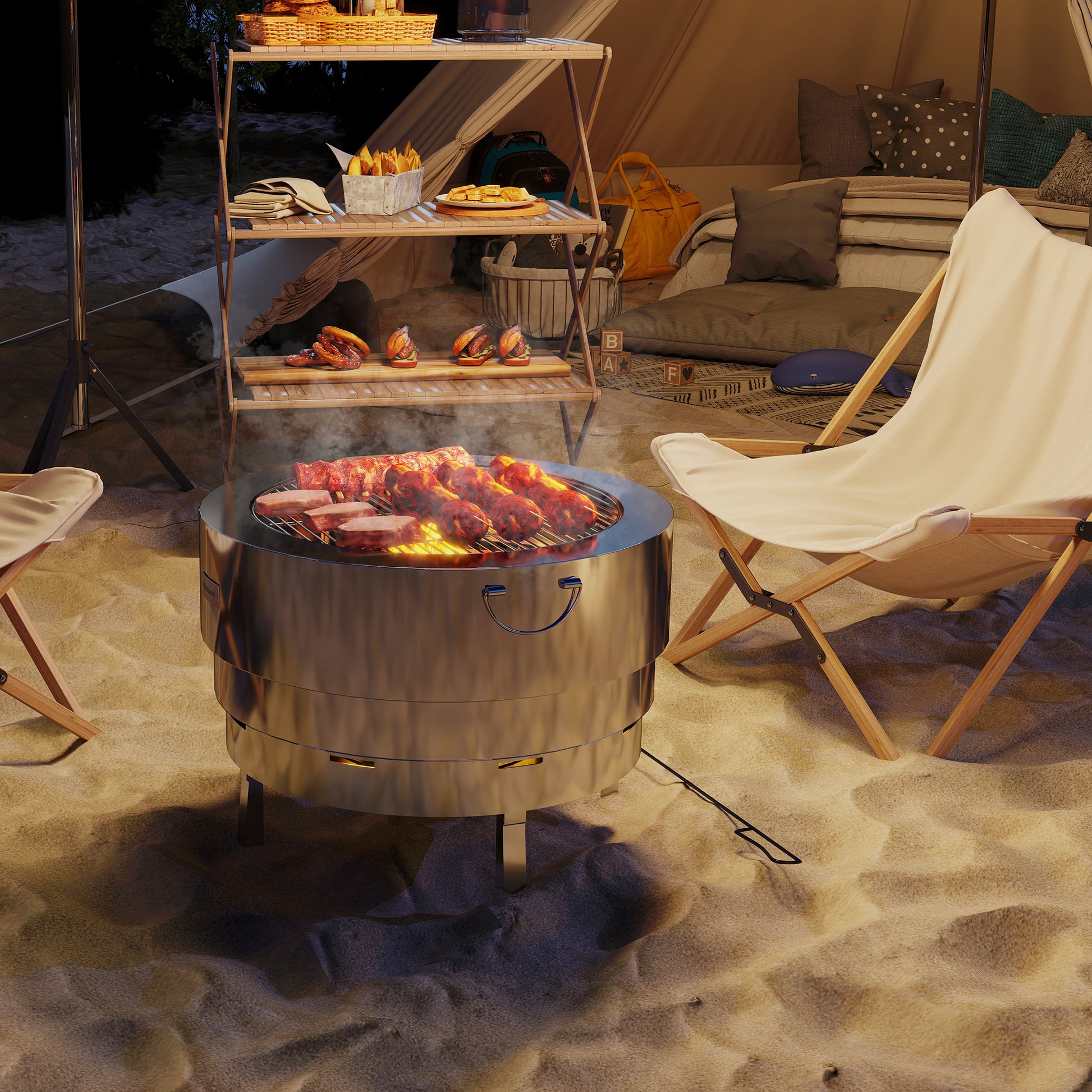 Stainless Steel Fire Pit with Grill - Portable & Foldable Design