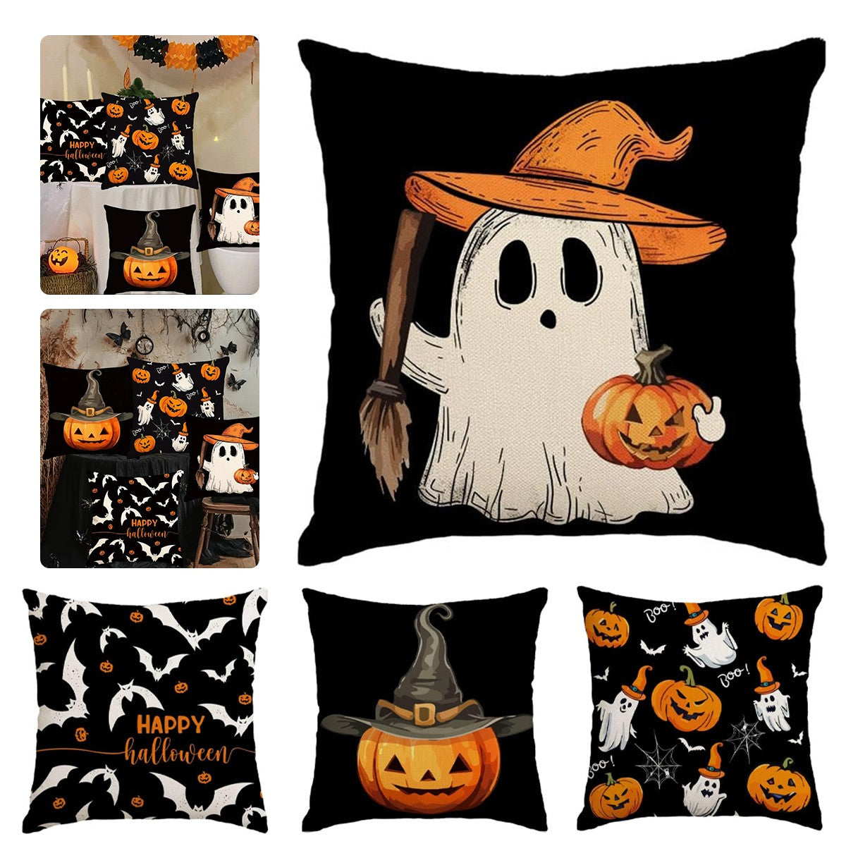 Set of 4 Halloween Pillow Covers - Pumpkin, Skull, Ghost