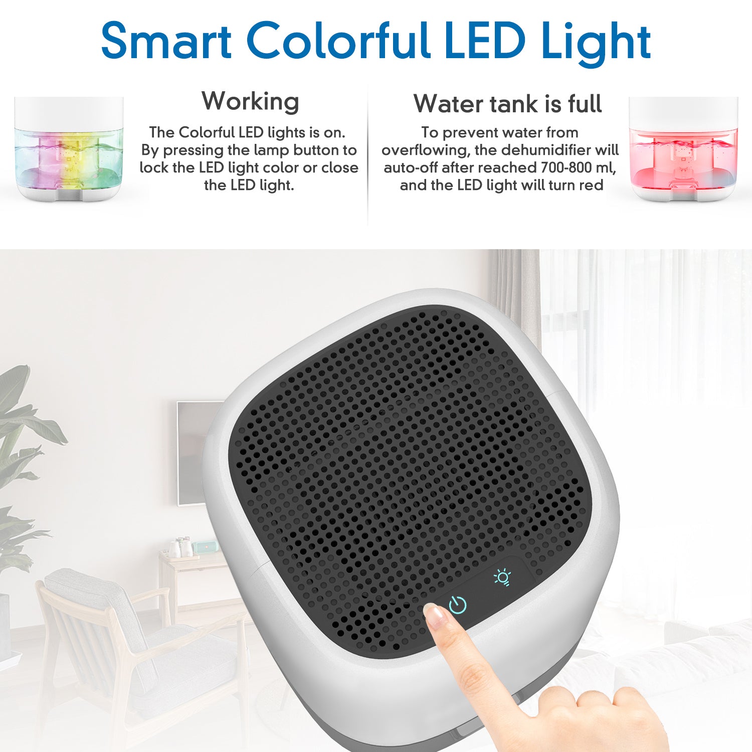 Portable 1000ML Dehumidifier with 7-Color Light, Auto Shut Off