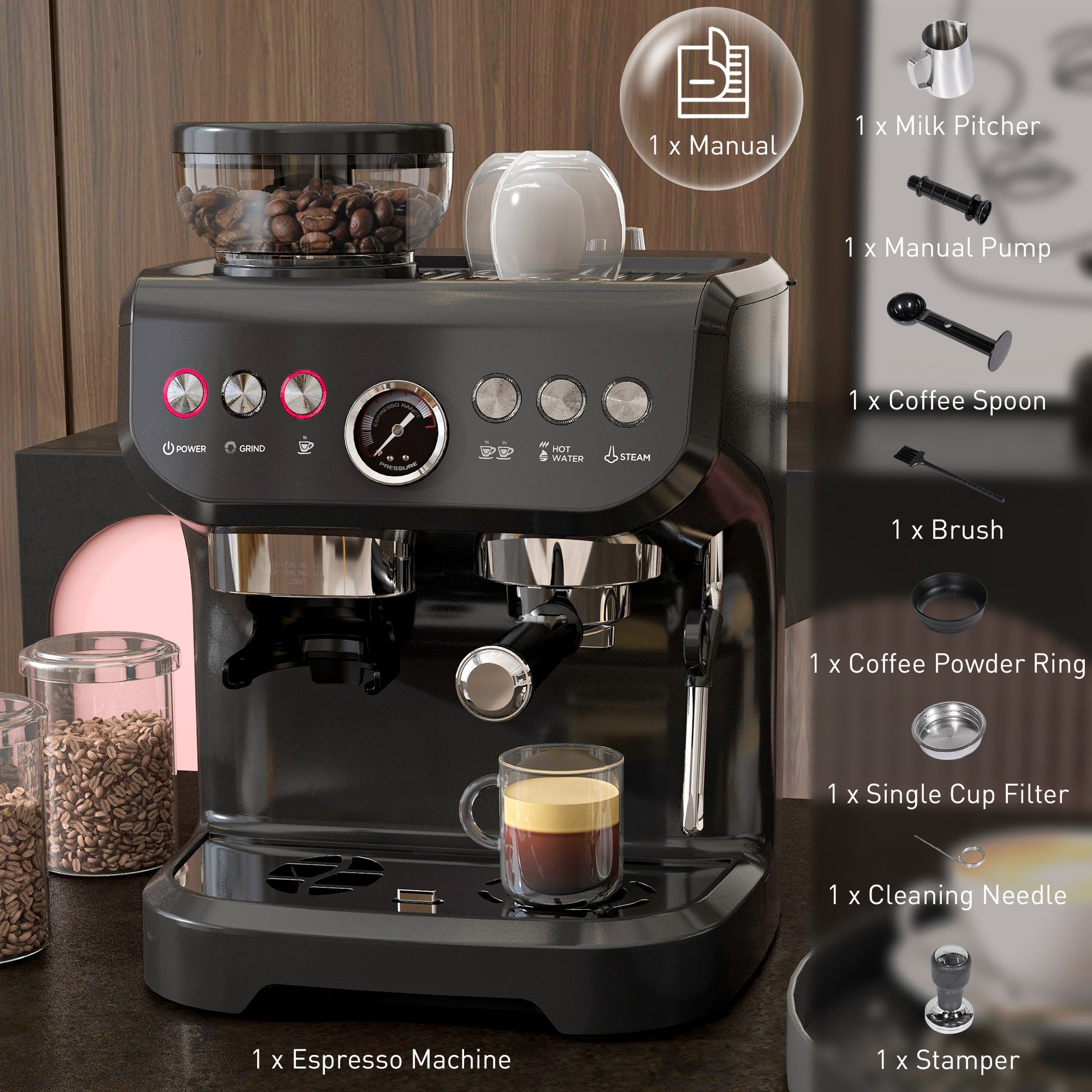 Espresso Machine 15 Bar - HOMCOM with Grinder & Steam Wand