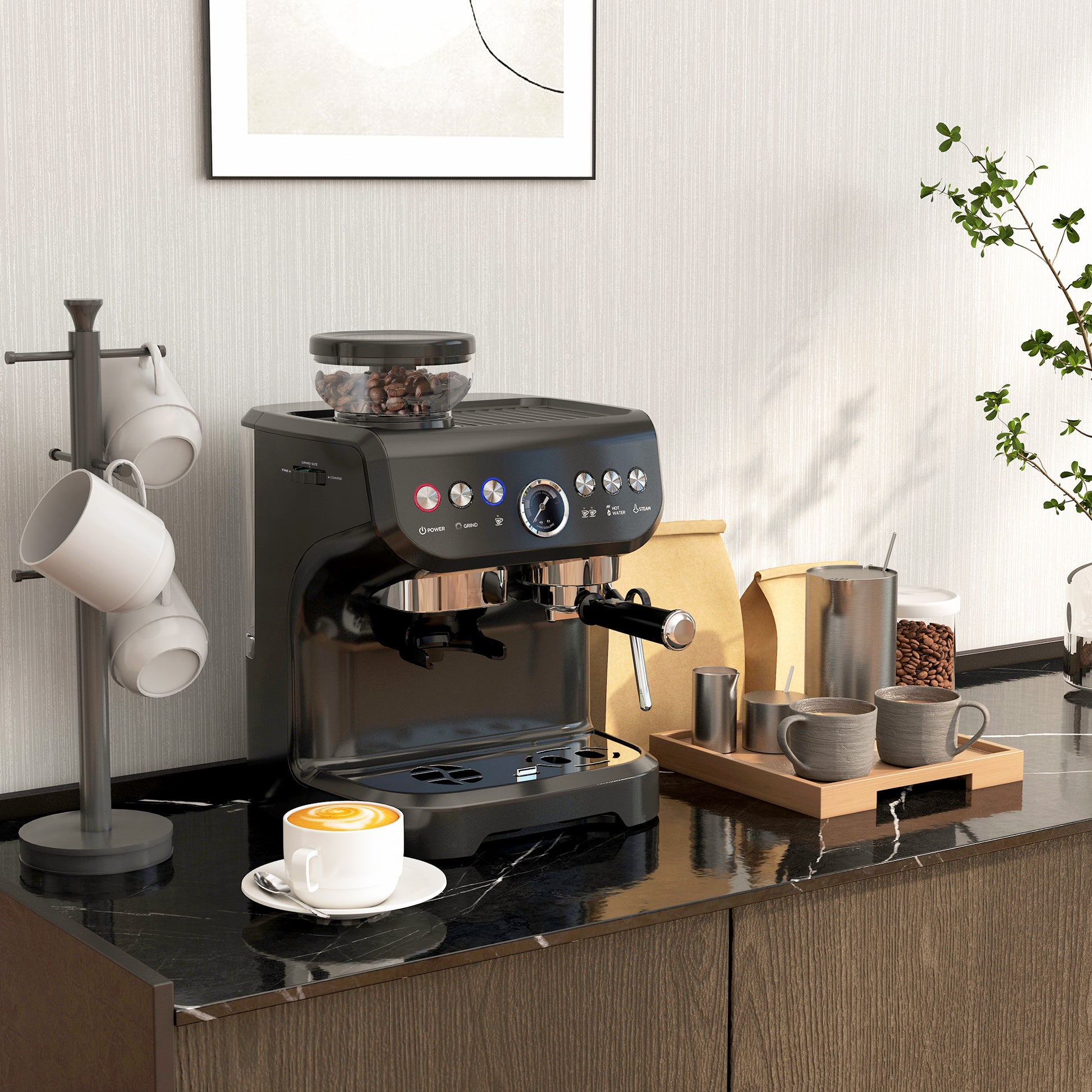 Espresso Machine 15 Bar - HOMCOM with Grinder & Steam Wand