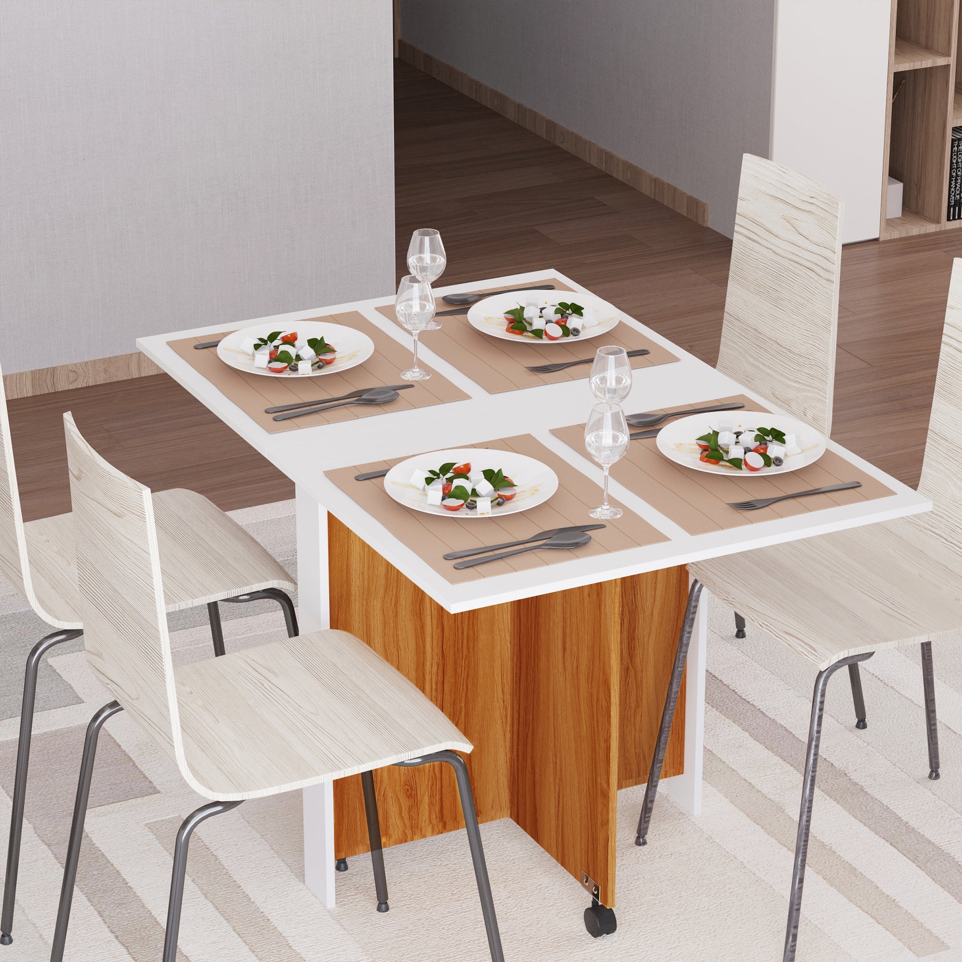 Mobile Folding Dining Table - HOMCOM Teak & White, Versatile Use