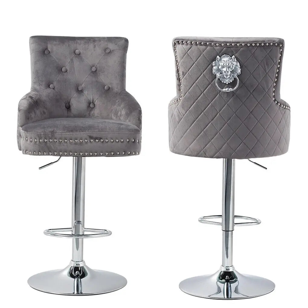 Velvet Upholstered Swivel Bar Chairs - Luxury Lion Knocker Design