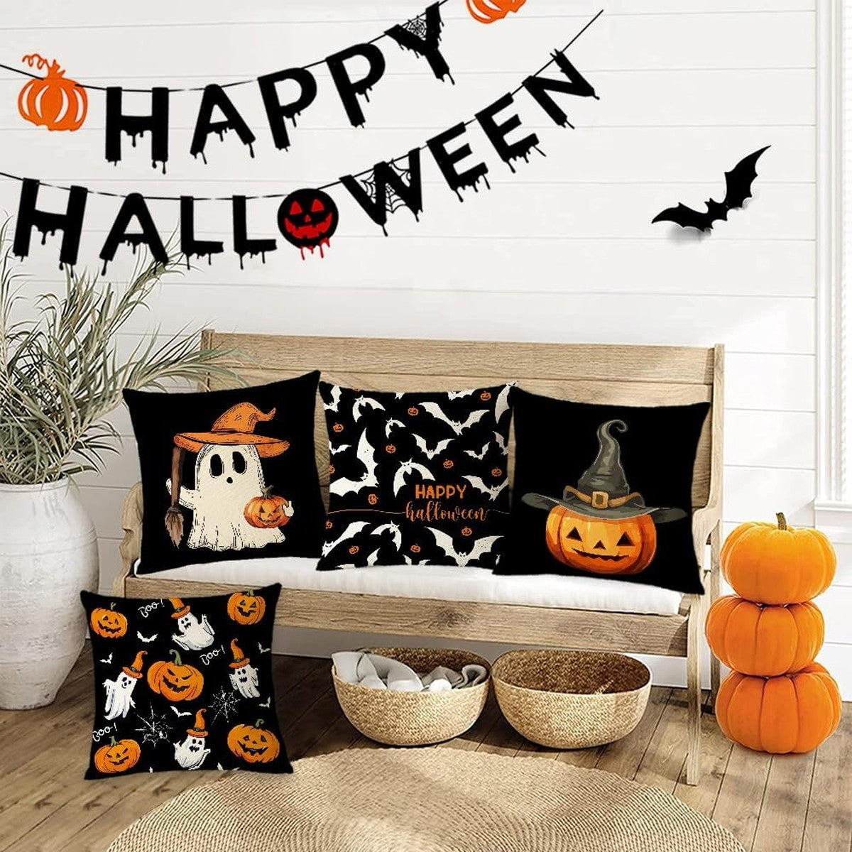 Set of 4 Halloween Pillow Covers - Pumpkin, Skull, Ghost