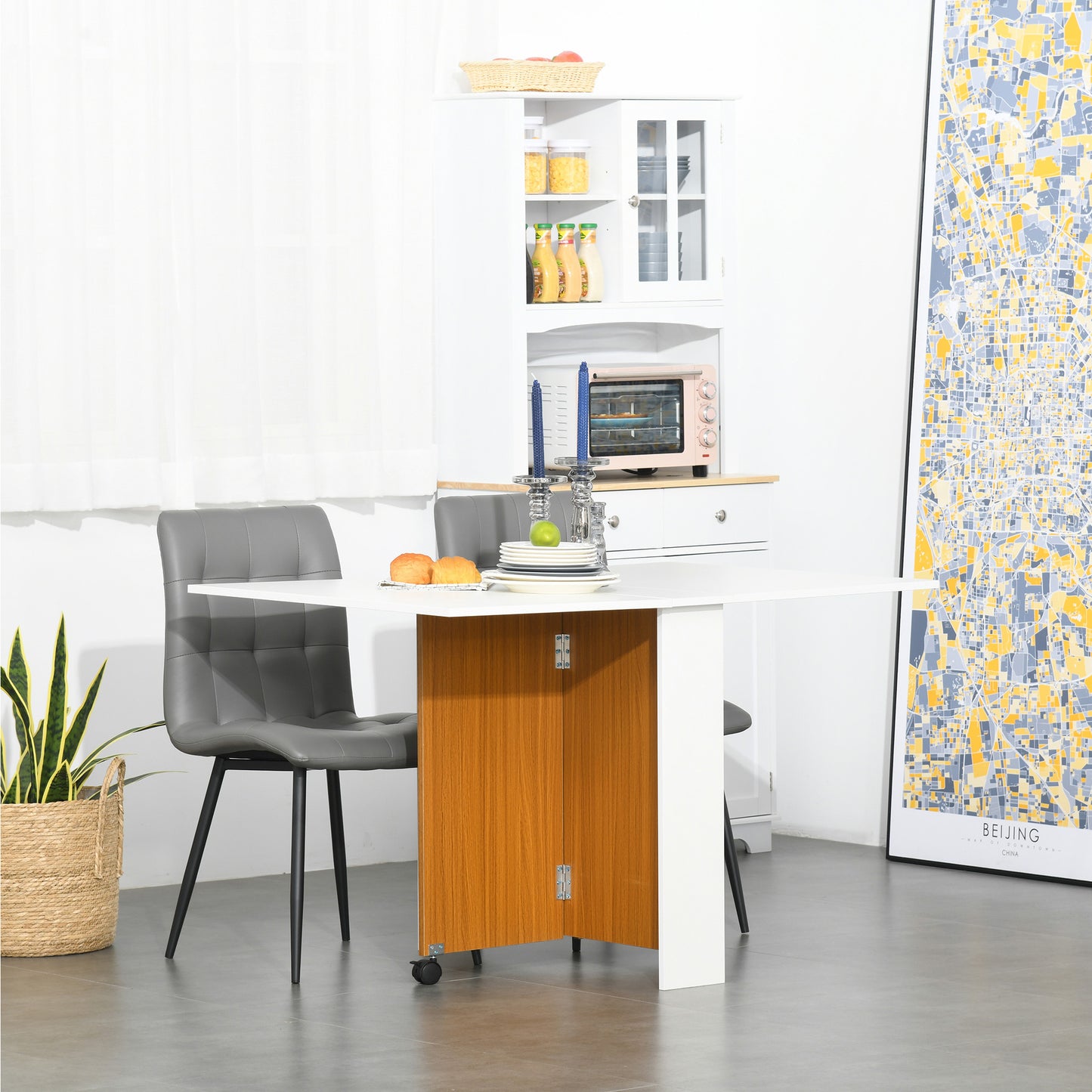 Mobile Folding Dining Table - HOMCOM Teak & White, Versatile Use