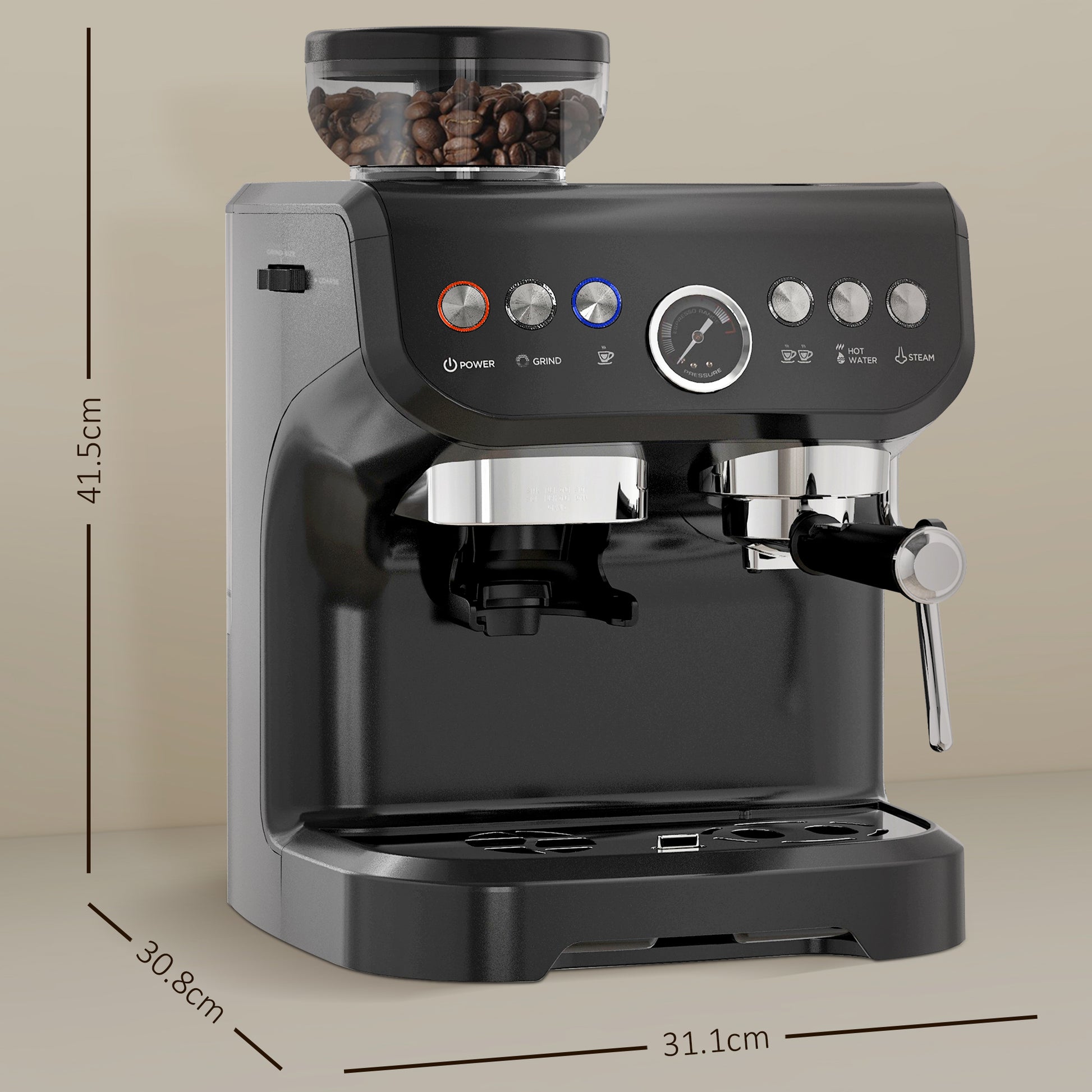 Espresso Machine 15 Bar - HOMCOM with Grinder & Steam Wand