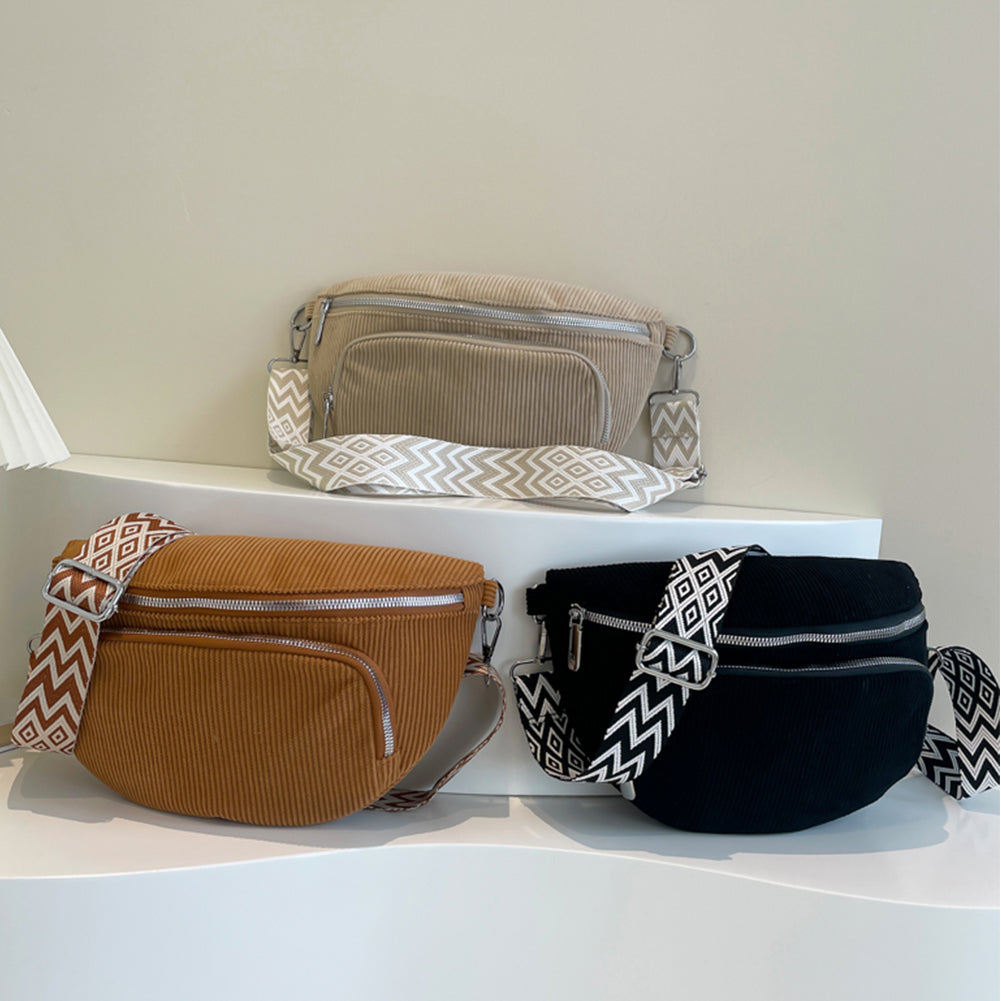 Corduroy Chest Bag Stylish Crossbody Bag Wide Guitar Strap Casual Waist Bag Multi-pockets Hobo Sling Bag Outdoor Travel Bag
