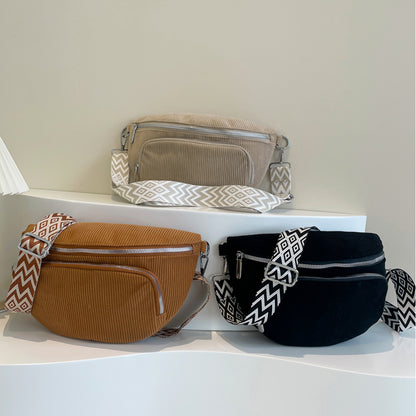 Corduroy Chest Bag Stylish Crossbody Bag Wide Guitar Strap Casual Waist Bag Multi-pockets Hobo Sling Bag Outdoor Travel Bag