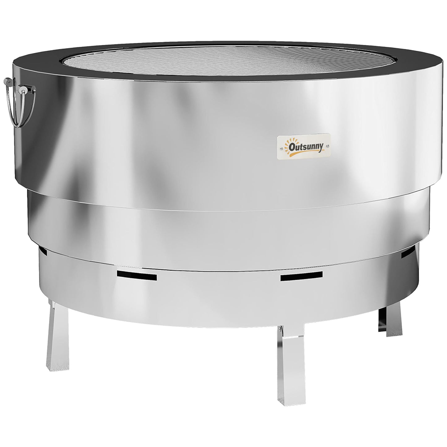 Portable Stainless Steel Fire Pit with Grill & Poker - Silver