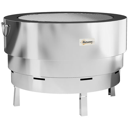 Portable Stainless Steel Fire Pit with Grill & Poker - Silver