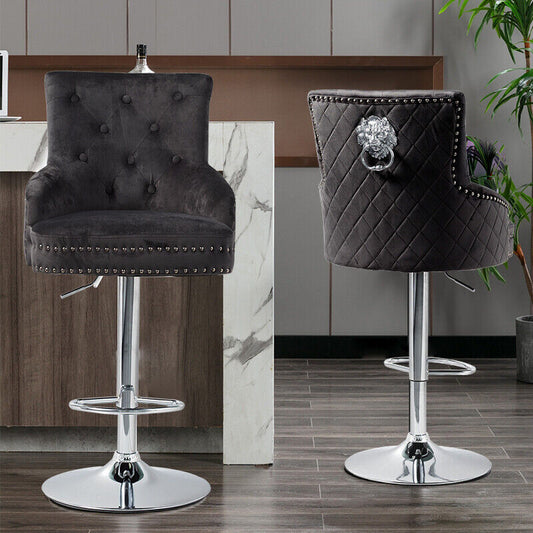 Velvet Upholstered Swivel Bar Chairs - Luxury Lion Knocker Design