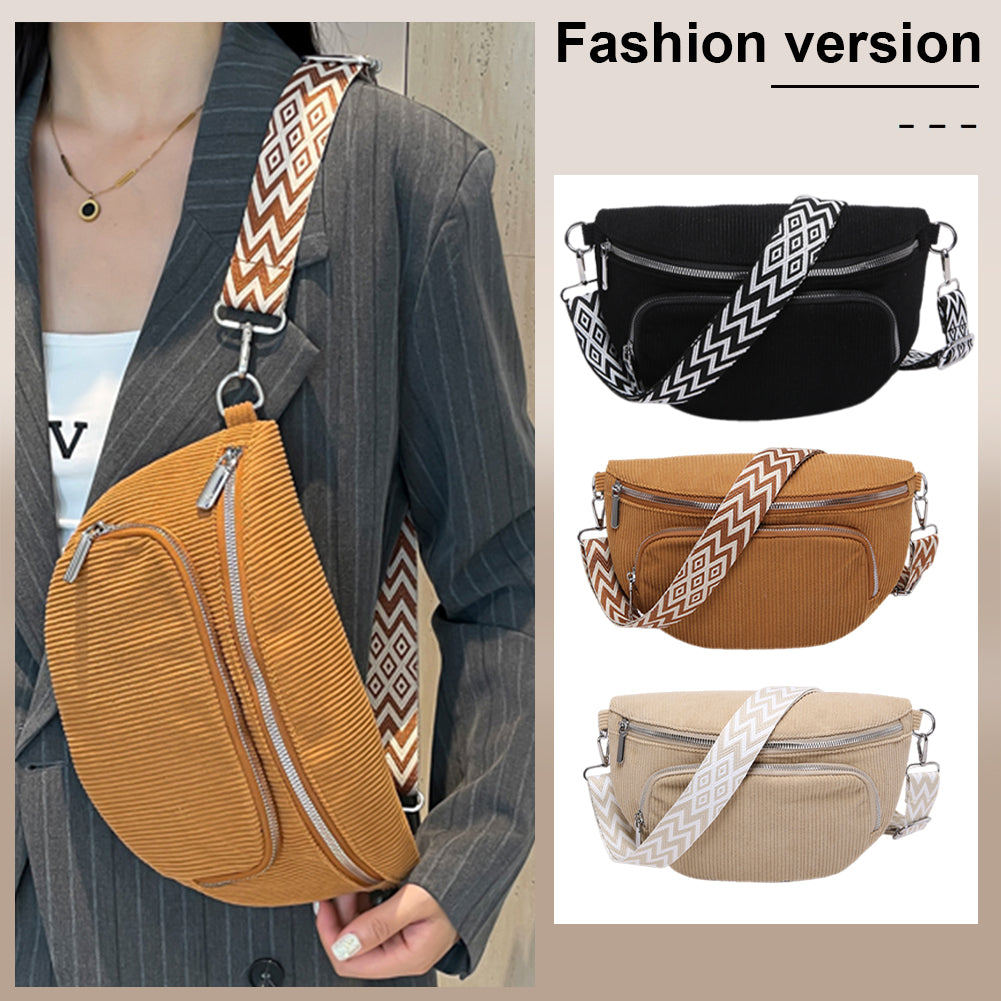 Corduroy Chest Bag Stylish Crossbody Bag Wide Guitar Strap Casual Waist Bag Multi-pockets Hobo Sling Bag Outdoor Travel Bag
