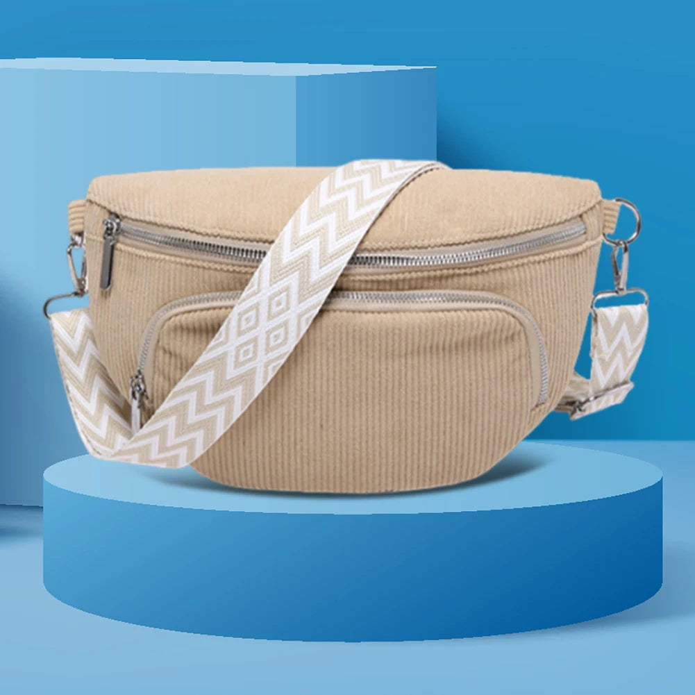 Corduroy Chest Bag Stylish Crossbody Bag Wide Guitar Strap Casual Waist Bag Multi-pockets Hobo Sling Bag Outdoor Travel Bag