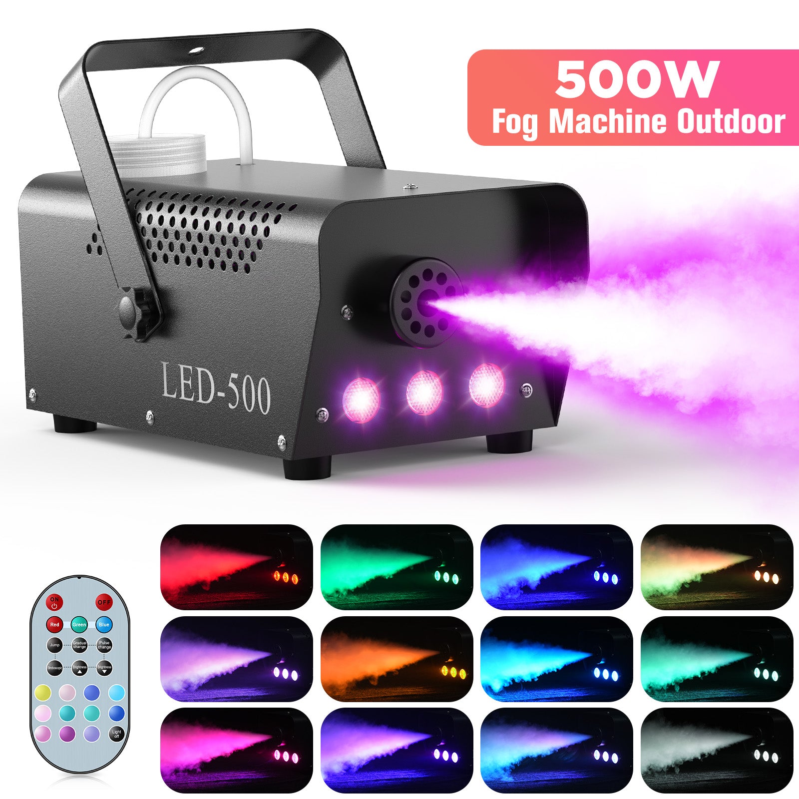 U'King 500W RGB LED Fog Machine with Remote for Halloween