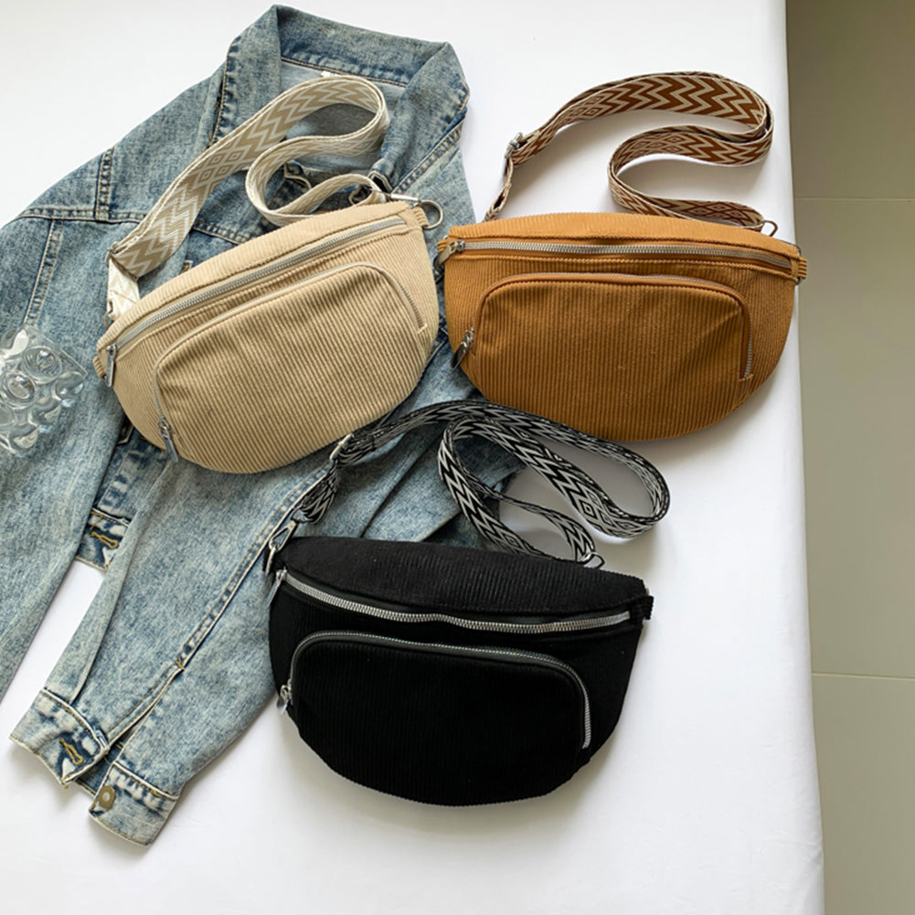 Corduroy Chest Bag Stylish Crossbody Bag Wide Guitar Strap Casual Waist Bag Multi-pockets Hobo Sling Bag Outdoor Travel Bag