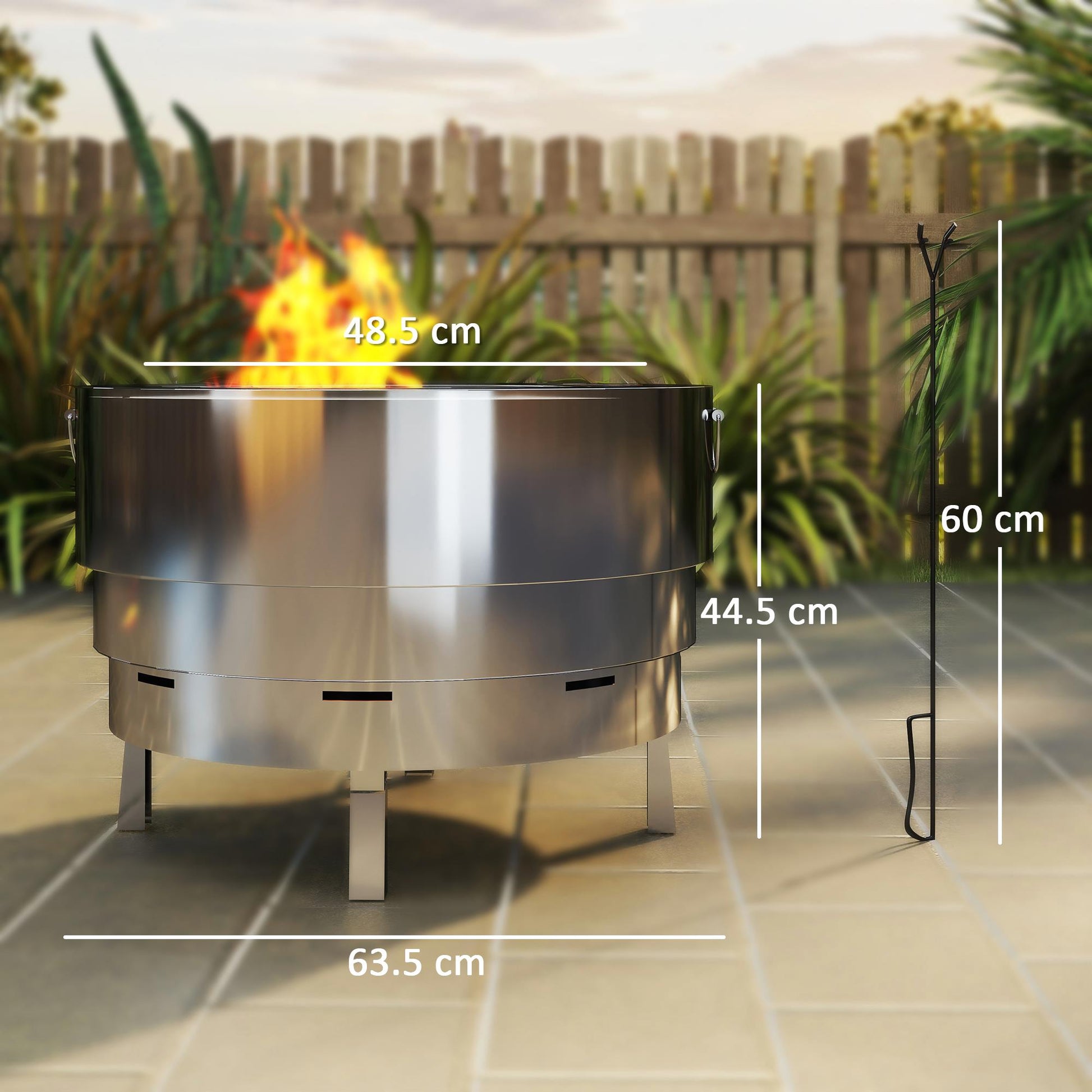 Portable Stainless Steel Fire Pit with Grill & Poker - Silver