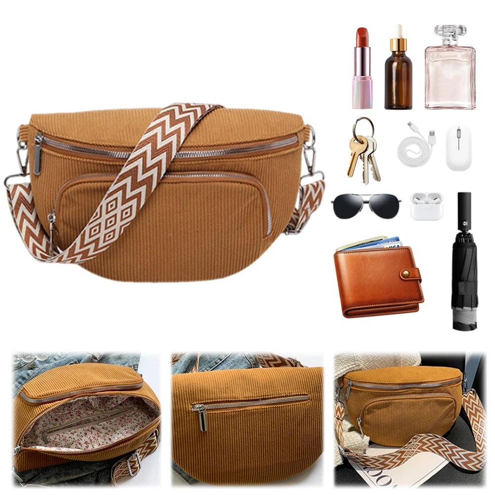 Corduroy Chest Bag Stylish Crossbody Bag Wide Guitar Strap Casual Waist Bag Multi-pockets Hobo Sling Bag Outdoor Travel Bag