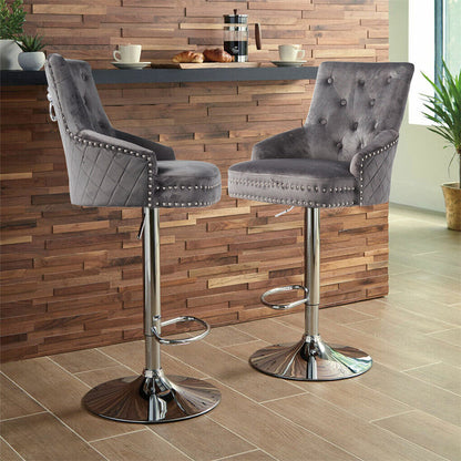Velvet Upholstered Swivel Bar Chairs - Luxury Lion Knocker Design