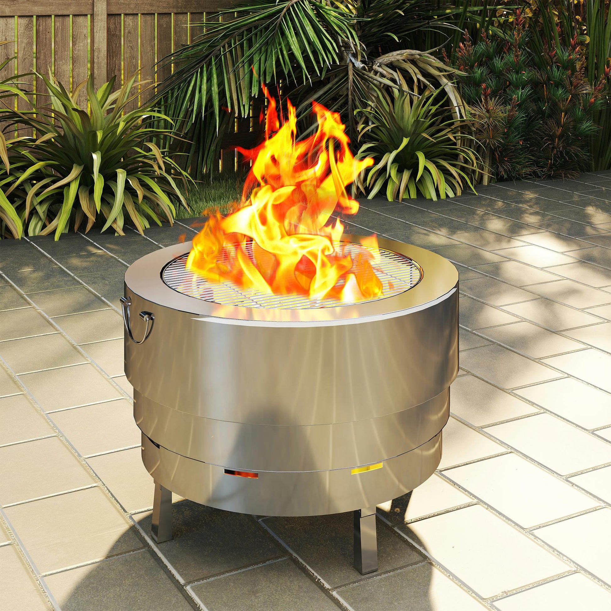 Portable Stainless Steel Fire Pit with Grill & Poker - Silver