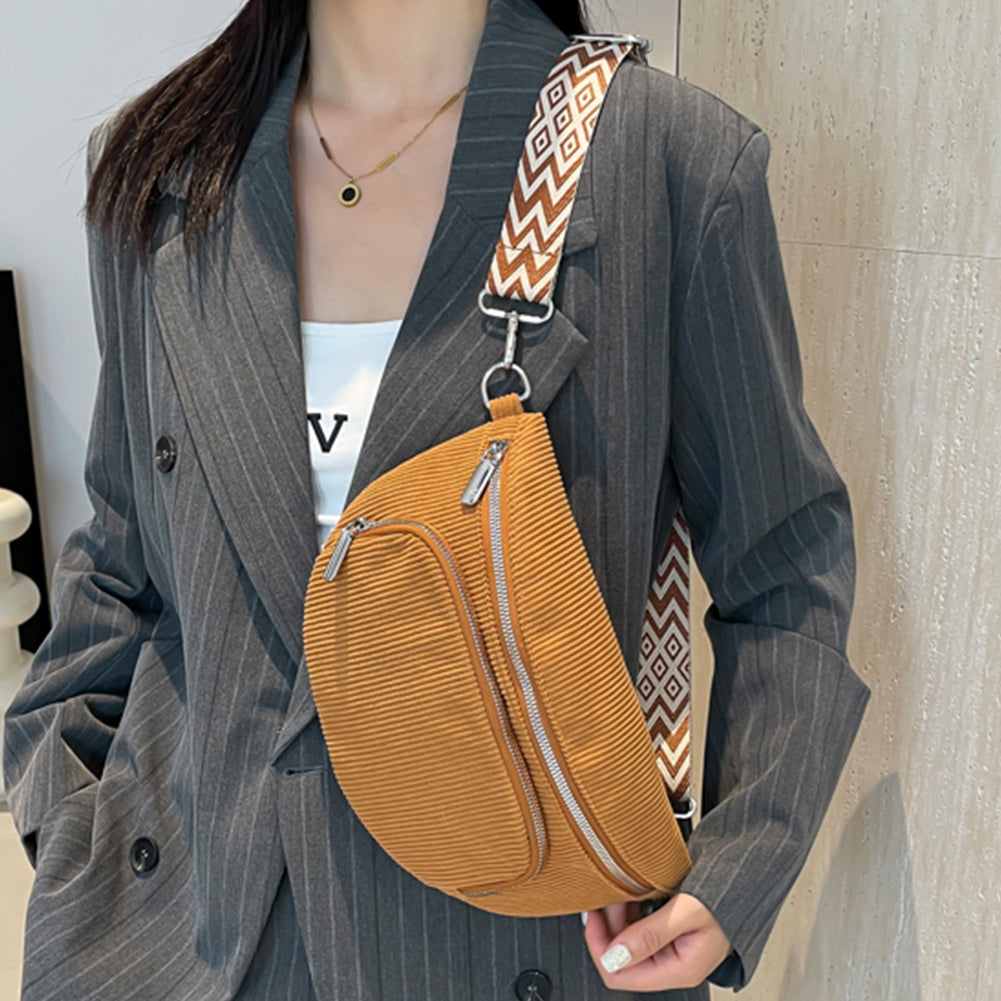 Corduroy Chest Bag Stylish Crossbody Bag Wide Guitar Strap Casual Waist Bag Multi-pockets Hobo Sling Bag Outdoor Travel Bag