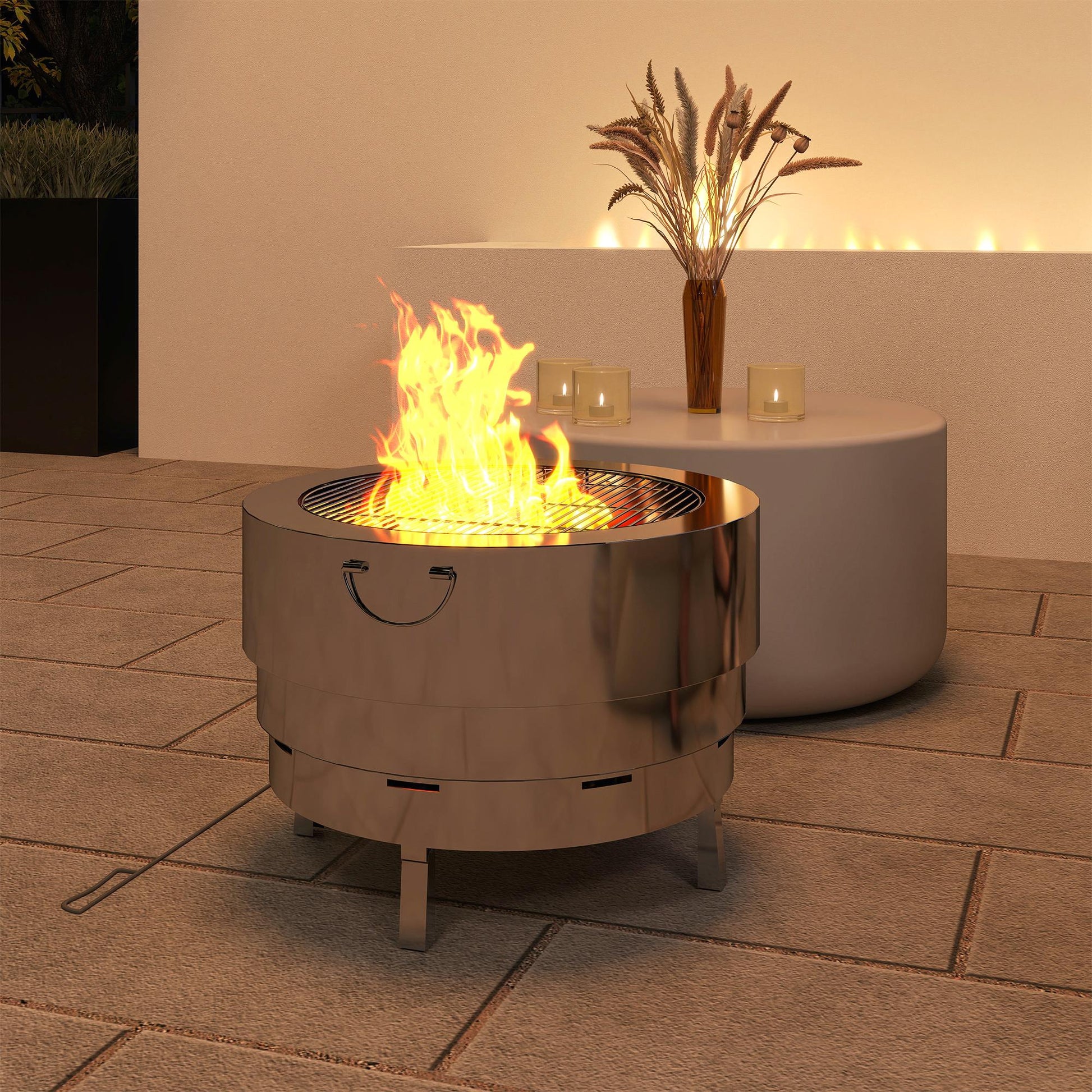 Portable Stainless Steel Fire Pit with Grill & Poker - Silver