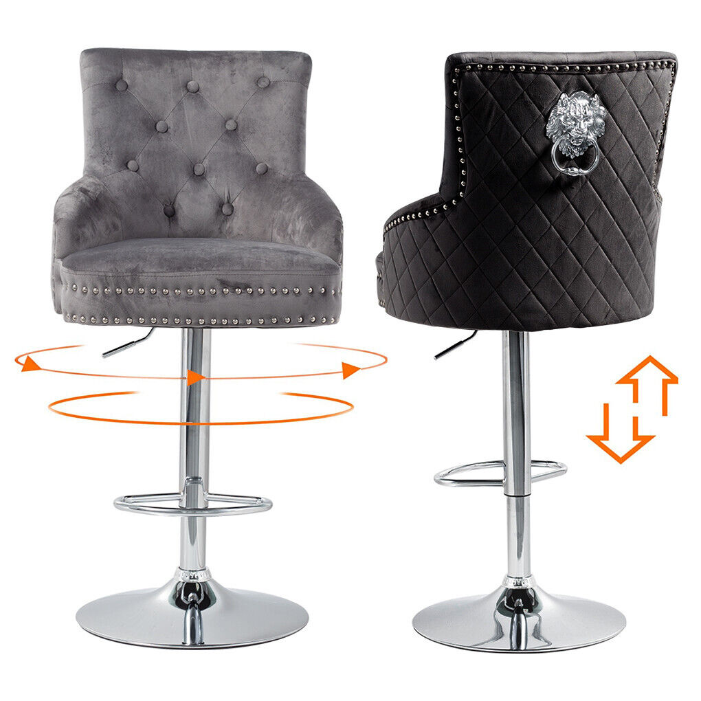 Velvet Upholstered Swivel Bar Chairs - Luxury Lion Knocker Design