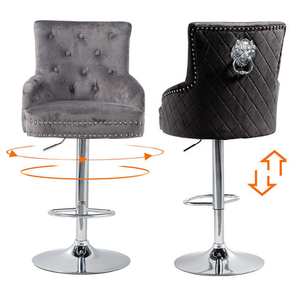 Velvet Upholstered Swivel Bar Chairs - Luxury Lion Knocker Design