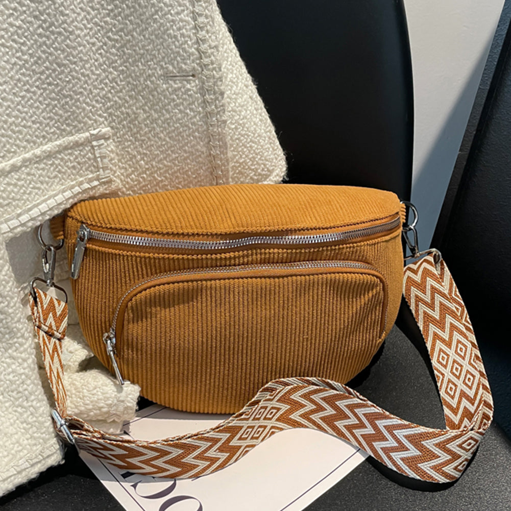 Corduroy Chest Bag Stylish Crossbody Bag Wide Guitar Strap Casual Waist Bag Multi-pockets Hobo Sling Bag Outdoor Travel Bag