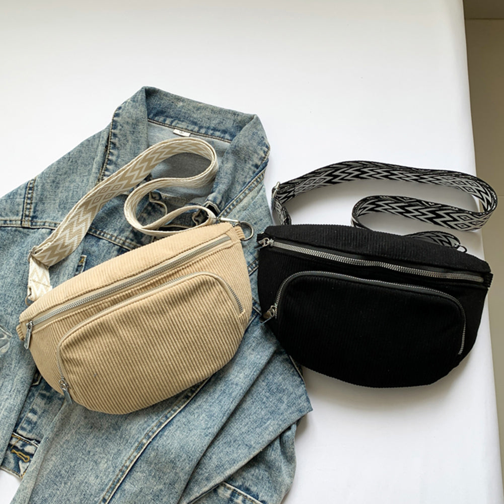 Corduroy Chest Bag Stylish Crossbody Bag Wide Guitar Strap Casual Waist Bag Multi-pockets Hobo Sling Bag Outdoor Travel Bag