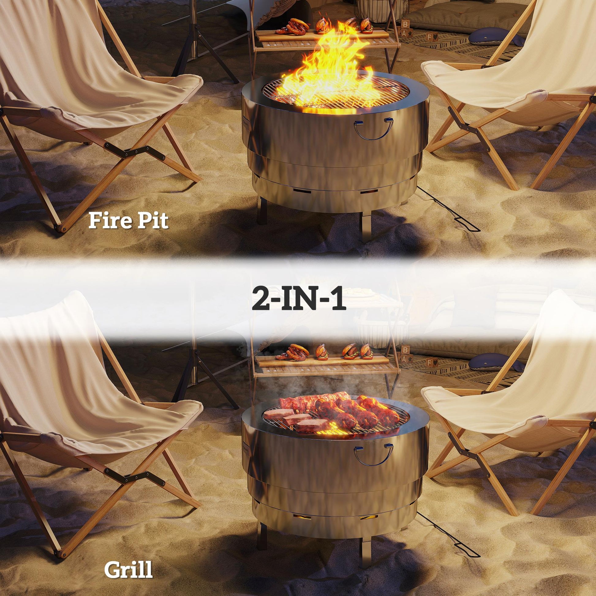 Portable Stainless Steel Fire Pit with Grill & Poker - Silver