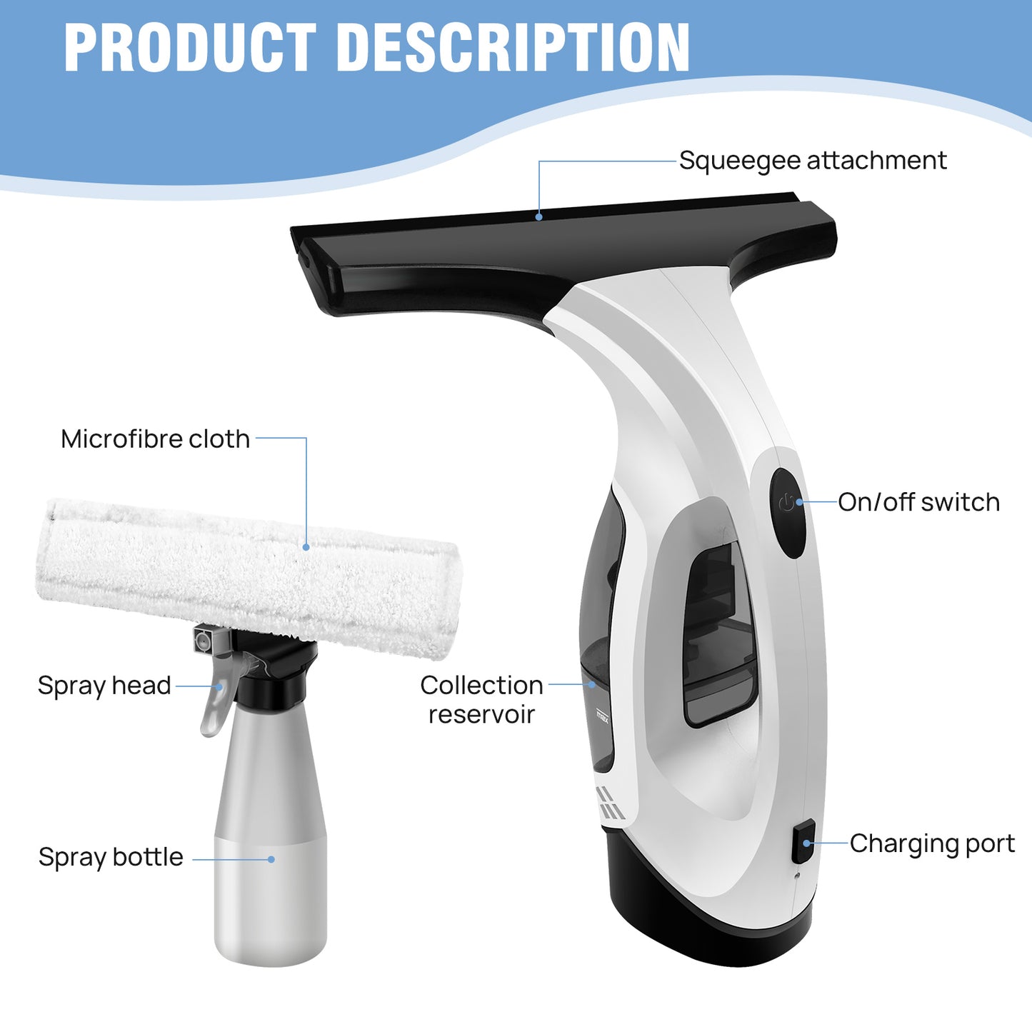 Compact Cordless Window Vac - 28cm Squeegee, 200ml Spray Bottle
