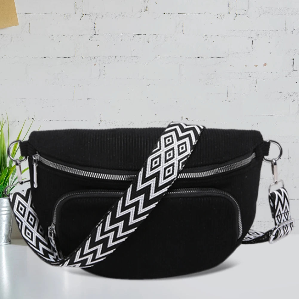Corduroy Chest Bag Stylish Crossbody Bag Wide Guitar Strap Casual Waist Bag Multi-pockets Hobo Sling Bag Outdoor Travel Bag